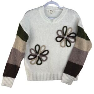 BIBI Women White Knit Sweater Floral Embroidery Striped Sleeves IT4721-01 Small